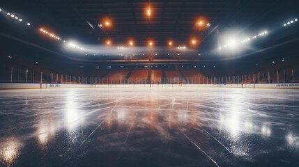 Fototapeta na wymiar An empty hockey rink with lights illuminating the ice. Perfect for sports-related projects and designs