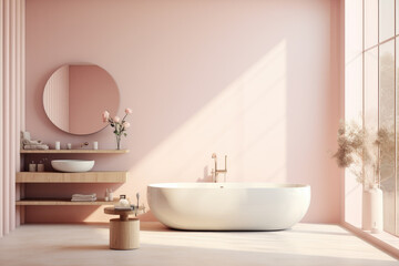 Fototapeta na wymiar Pastel pink color spacious minimal design luxury decorated bathroom interior