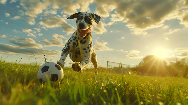 Action photograph of dalmatian dog playing soccer Animals. Sports
