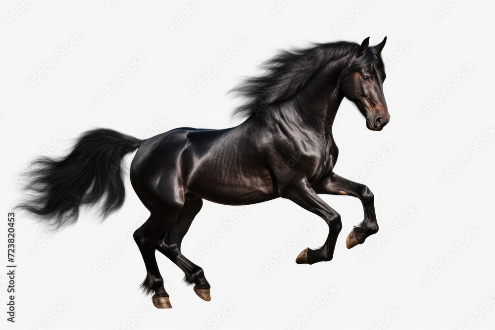 Poster a black horse in full gallop against a clean, white background. ideal for equestrian enthusiasts or 
