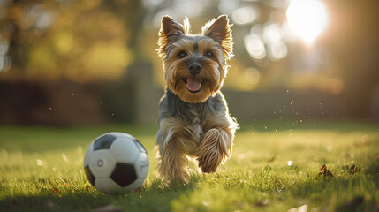 Action photograph of yorkshire dog playing soccer Animals. Sports - obrazy, fototapety, plakaty