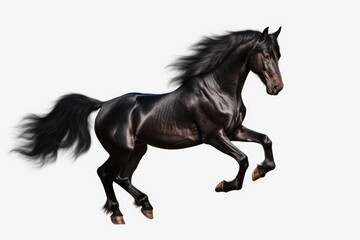 Obraz na płótnie Canvas A black horse in full gallop against a clean, white background. Ideal for equestrian enthusiasts or for adding a dynamic touch to design projects