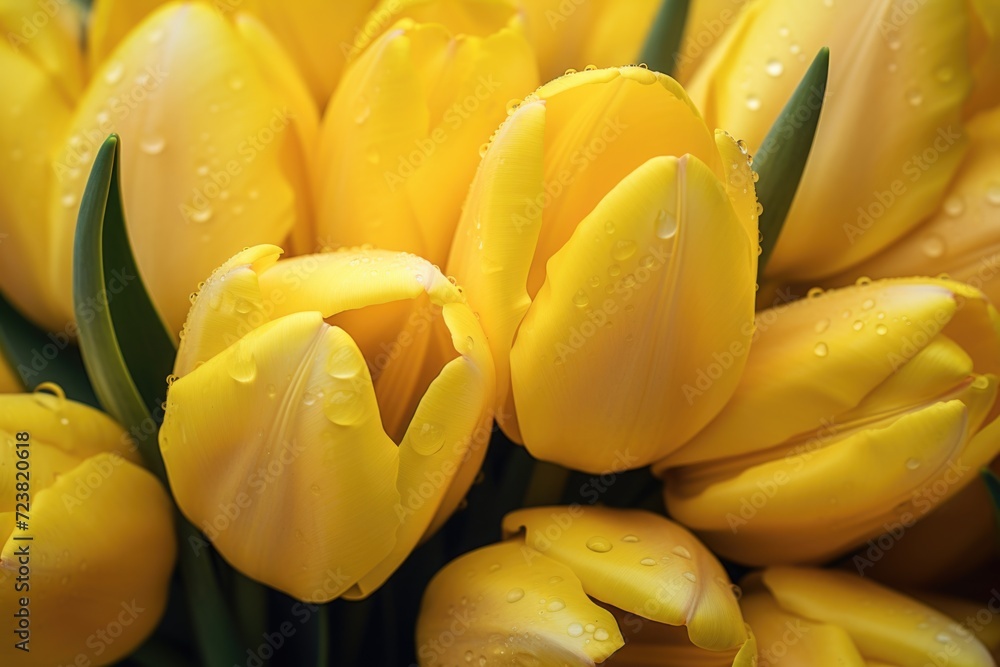 Poster a vibrant bunch of yellow tulips adorned with beautiful water droplets. perfect for adding a touch o