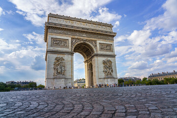 Fototapeta na wymiar Paris, France. Arch of Triumph (Arc de Triomphe de l'Étoile), low angle view.
