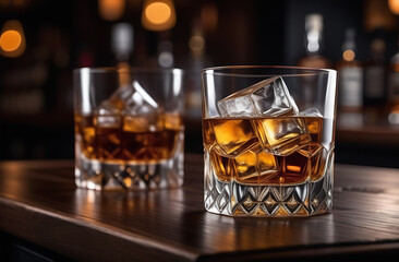 Two glasses of whiskey with ice are on the bar counter. Bar concept