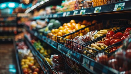 Fresh fruits and vegetables displayed on supermarket shelves