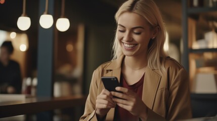 A woman is smiling as she looks at her cell phone. This image can be used to depict happiness, technology, communication, and social media