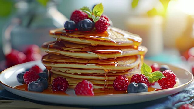 Easter pancakes with maple syrup and fresh berries, served in the style of gourmet