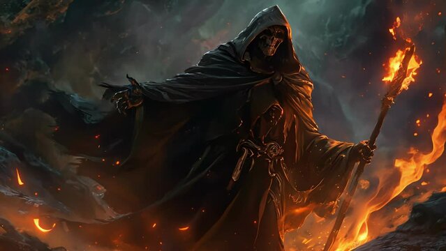 From the depths of the underworld, a dark figure appears, clad in a hooded cloak and wielding a staff. The necromancer beckons to the figure, knowing it is one of the most Fantasy animation