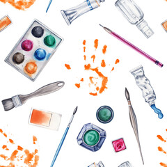 Seamless repeatable pattern with brushes, pencil, paint set, water spray bottle. Watercolor illustration isolated on transparent background. Art supplies design for art classes, creative workshops