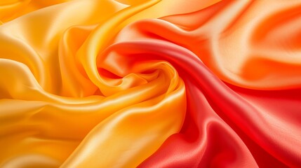 Vibrant abstract background with yellow and red hues, leaves, and waving silk fabric