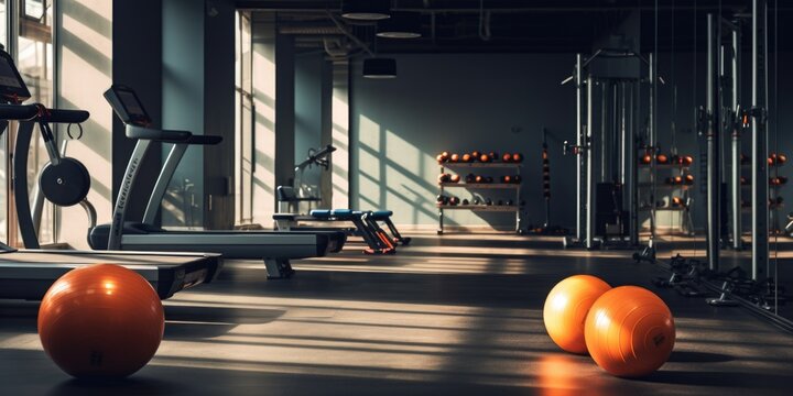 A gym room filled with orange balls and various exercise equipment. This image can be used to showcase a vibrant and energetic fitness environment