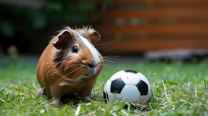 Action photograph of guinea pig playing soccer Animals. Sports