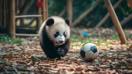 Foto op Plexiglas Action photograph of baby panda bear playing soccer Animals. Sports © MadSwordfish