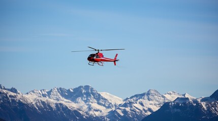 Fototapeta na wymiar Heroic rescue helicopter in action amidst snowy mountains on a bright, beautiful day
