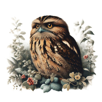 Vintage Lithography of Tawny Frogmouth, the Camouflaged and Wide-Mouthed Bird