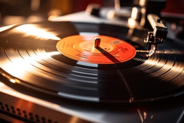 A record placed on top of a turntable. This image can be used to depict music, vinyl records, nostalgia, or DJ equipment