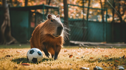 Action photograph of capybara playing soccer Animals. Sports