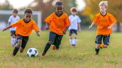 Happy boys enjoying soccer training on grass field for kids, children football practice scene