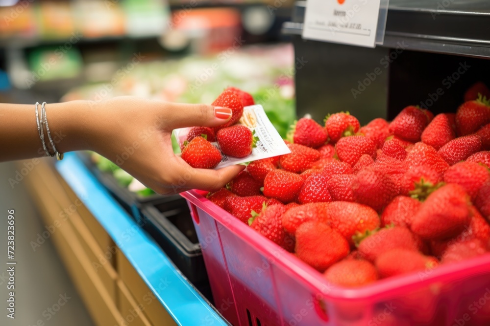 Poster a person is picking a strawberry from a store shelf. this image can be used to showcase fresh produc