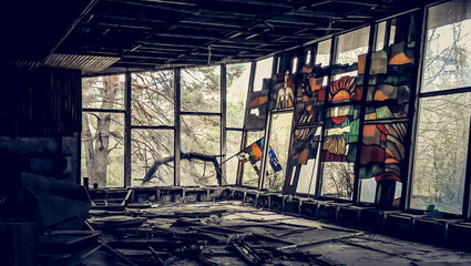 old destroyed building in an abandoned park Chernobyl Ukraine