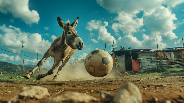 Action photograph of donkey playing soccer Animals. Sports