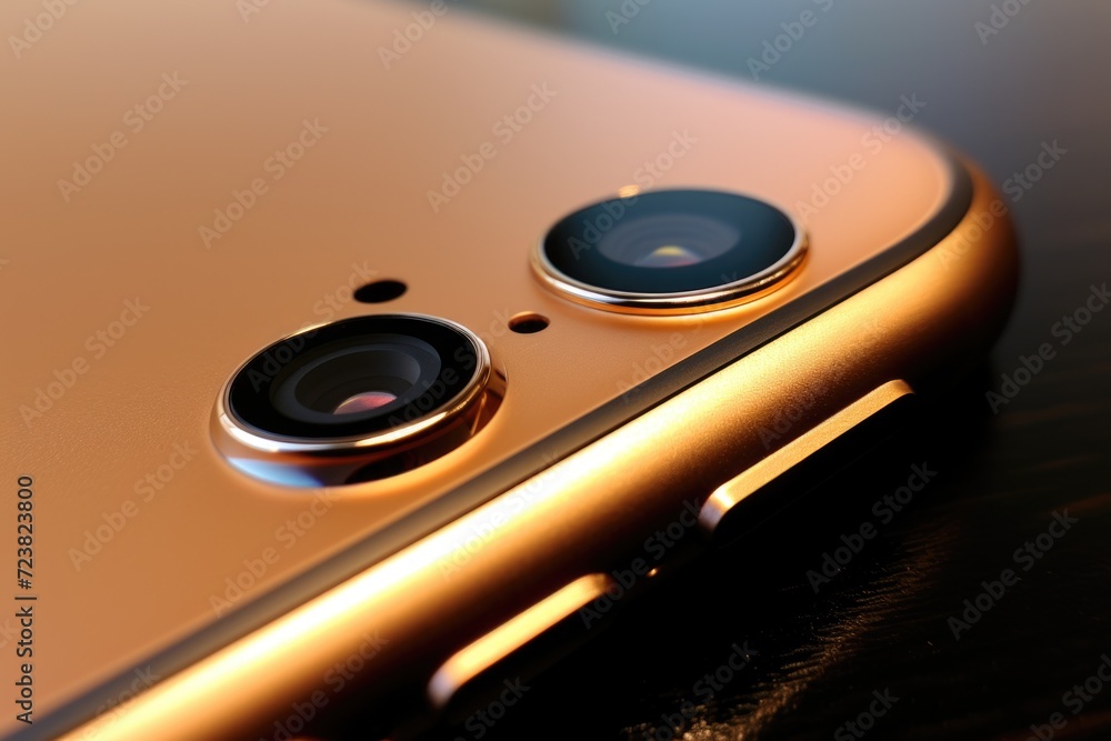Poster a detailed view of a camera lens attached to a cell phone. this image can be used to showcase smartp