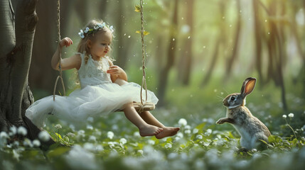 Young girl in a white dress swings on a tree swing as a rabbit watches in a sunlit forest, easter...