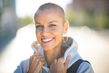 Close up smiling woman with short hair