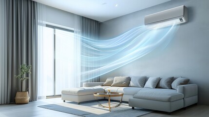 Blue waves of fresh clean air in the apartment. Air conditioner. Fresh scent and air filtration effect.