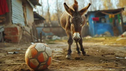 Fotobehang Action photograph of donkey playing soccer Animals. Sports © MadSwordfish