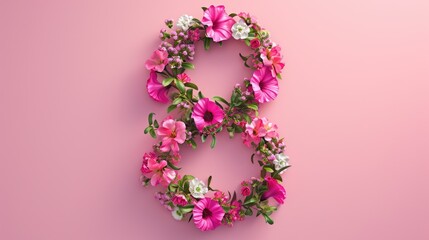 Number 8 made of flowers on a pink background