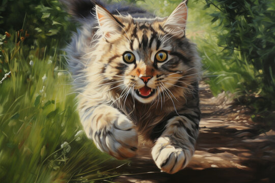 Photo of cat running in amazement in the forest