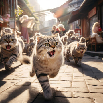 Photo of cats running confused on the street and coming to the camera