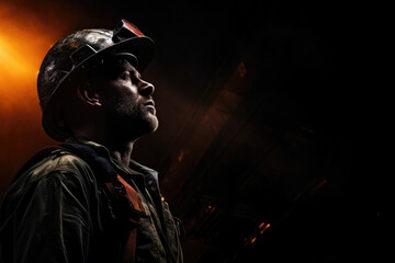 Photo of coal mine worker in dark ambient yellow light