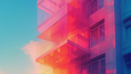 A vibrant abstract residential building set against a contrasting turquoise sky..
