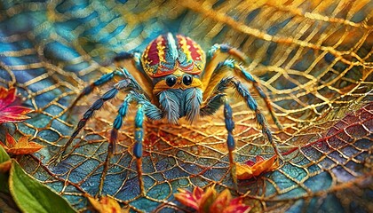 Abstrakcyjne tło z kolorowym pająkiem na pajęczej sieci - obrazy, fototapety, plakaty