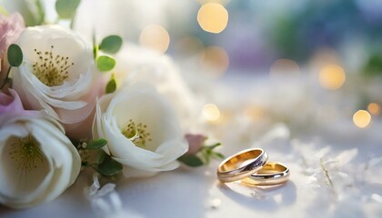 Ślubne tło z białymi kwiatami i obrączkami