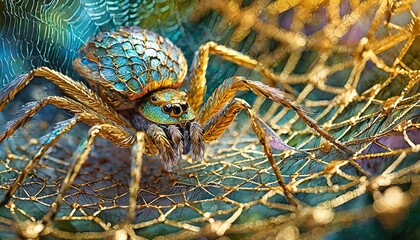 Niebiesko-złota, abstrakcyjna ilustracja z pająkiem i pajęczą siecią - obrazy, fototapety, plakaty