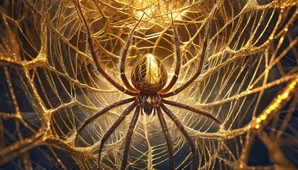 Abstract illustration with golden spider and cobweb