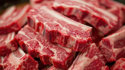 Close-up of rib bones stack, Pile of beef ribs, raw meat