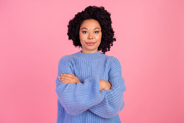 Photo portrait of pretty young girl crossed hands entrepreneur dressed stylish blue knitwear outfit isolated on pink color background