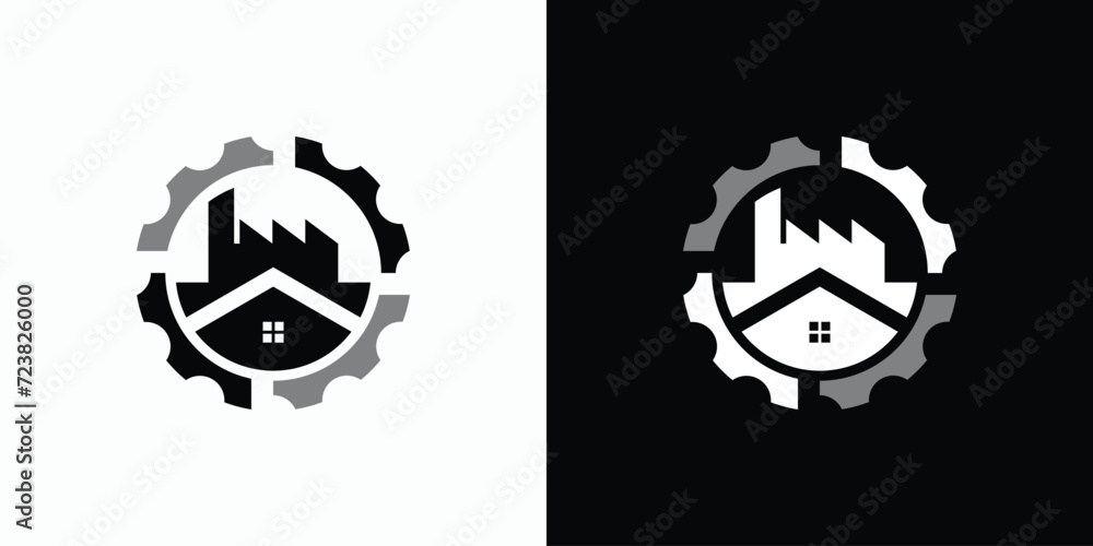 Poster vector logo design illustration of factory building with gears around it.