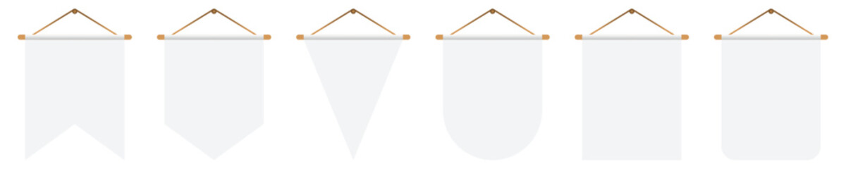 Empty white bunting pennants of various shapes. Bunting flags mockup Realistic hanging pennant or flag with rope. Vector illustration isolated on transparent background. - obrazy, fototapety, plakaty