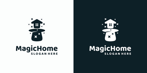 Vector logo design illustration of house and magic hat with splashes around it.