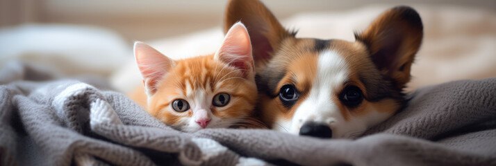 Photo of cute cat and dog lying together wrapped in blanket - obrazy, fototapety, plakaty
