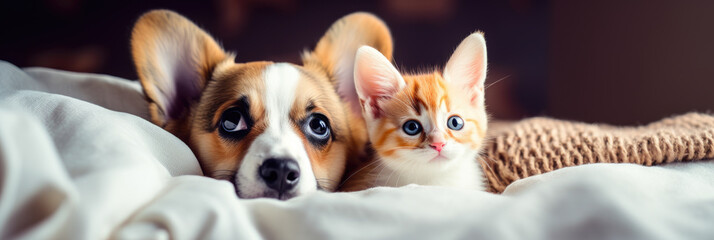 Photo of cute cat and dog lying together wrapped in blanket