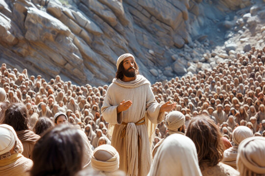 Jesus speaking to the people by parables on the mountain in the midst of nature Generative AI Illustration