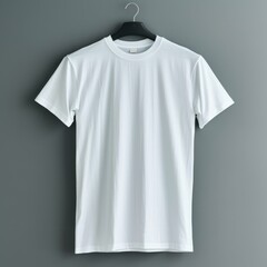 A white T-shirt on a hanger against a gray background