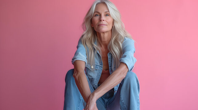 A blonde fit beauty mature business woman wearing jeans sits on a high stool posing facing the camera, pink gradient studio background